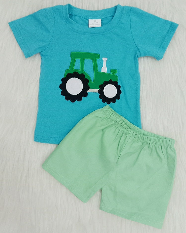 A7-15 Boys Embroidered Tractor Shorts Sets