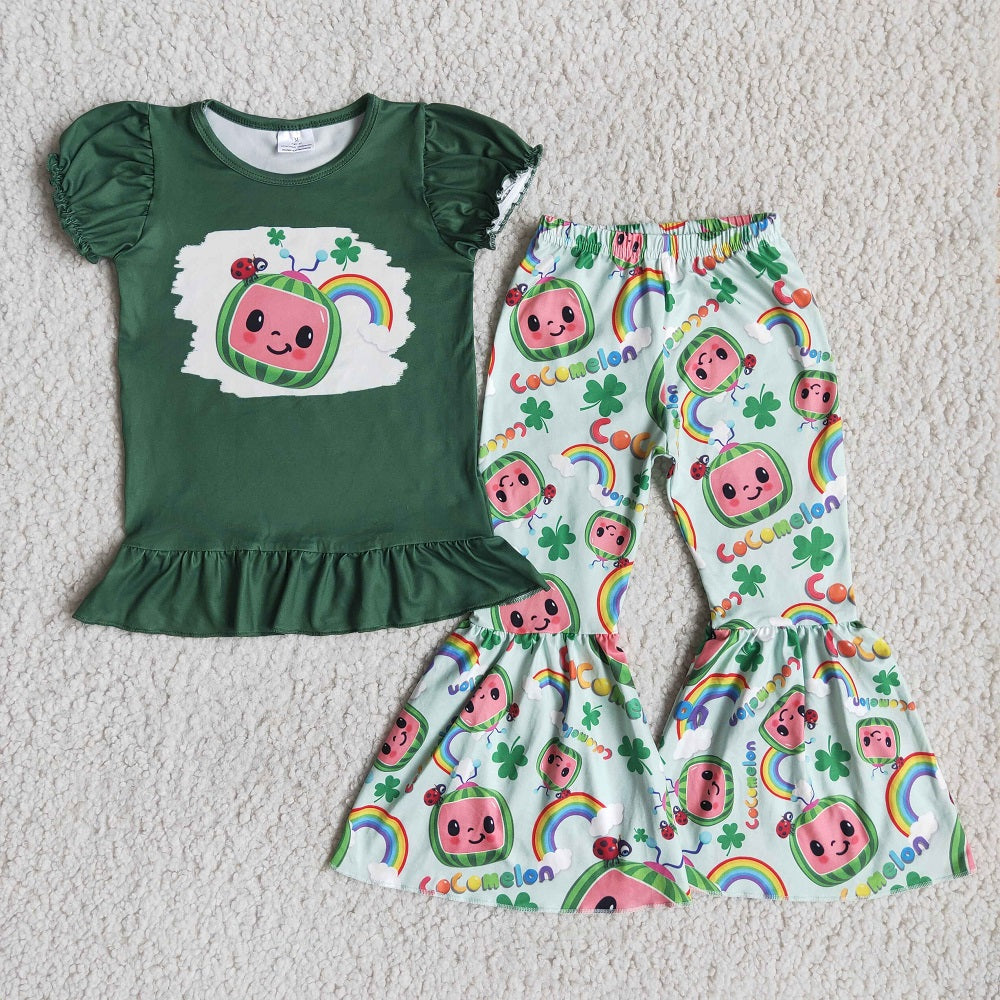 St. Patrick's Day Boys Girls Sibling Lucky Clover Cartoon Watermelon Rainbow Bell Outfit