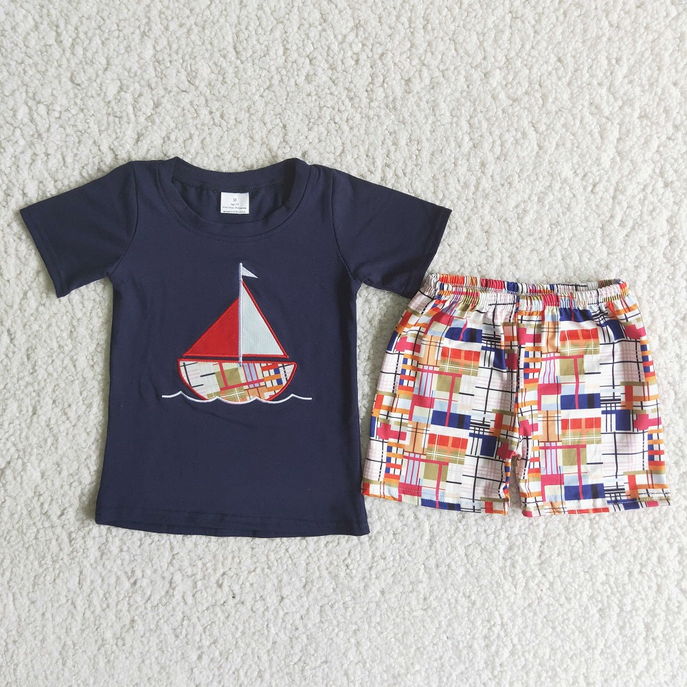 C8-10 Boys Embroidered Sailboat Shorts Sets
