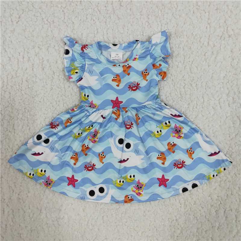 A5-5 Girls Flutter Sleeve Shark Dress