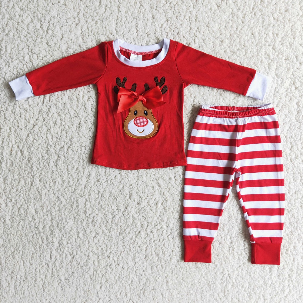 6 B4-24 Girls Red Deer Embroidered Pajamas
