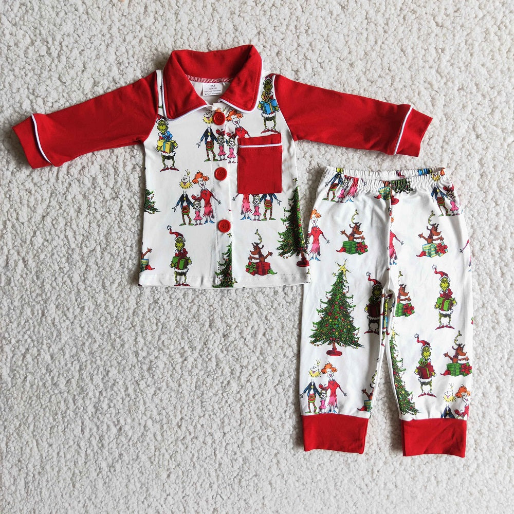 6 A14-15 Christmas Boys Ruffle Lapel Button Pajamas