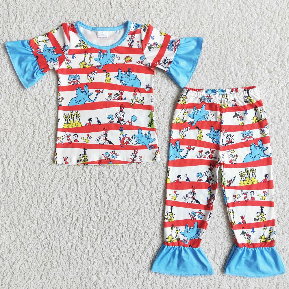 D11-2 / E5-11 Sibling Striped Outfits Children Cartoon Read Pattern Pajamas