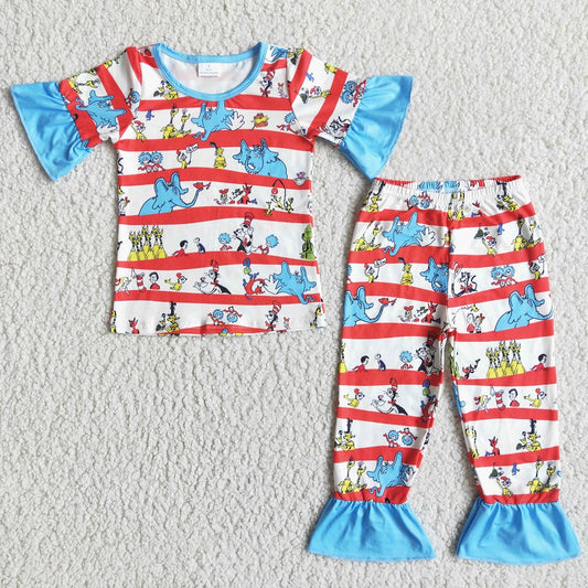 D11-2 / E5-11 Sibling Striped Outfits Children Cartoon Read Pattern Pajamas