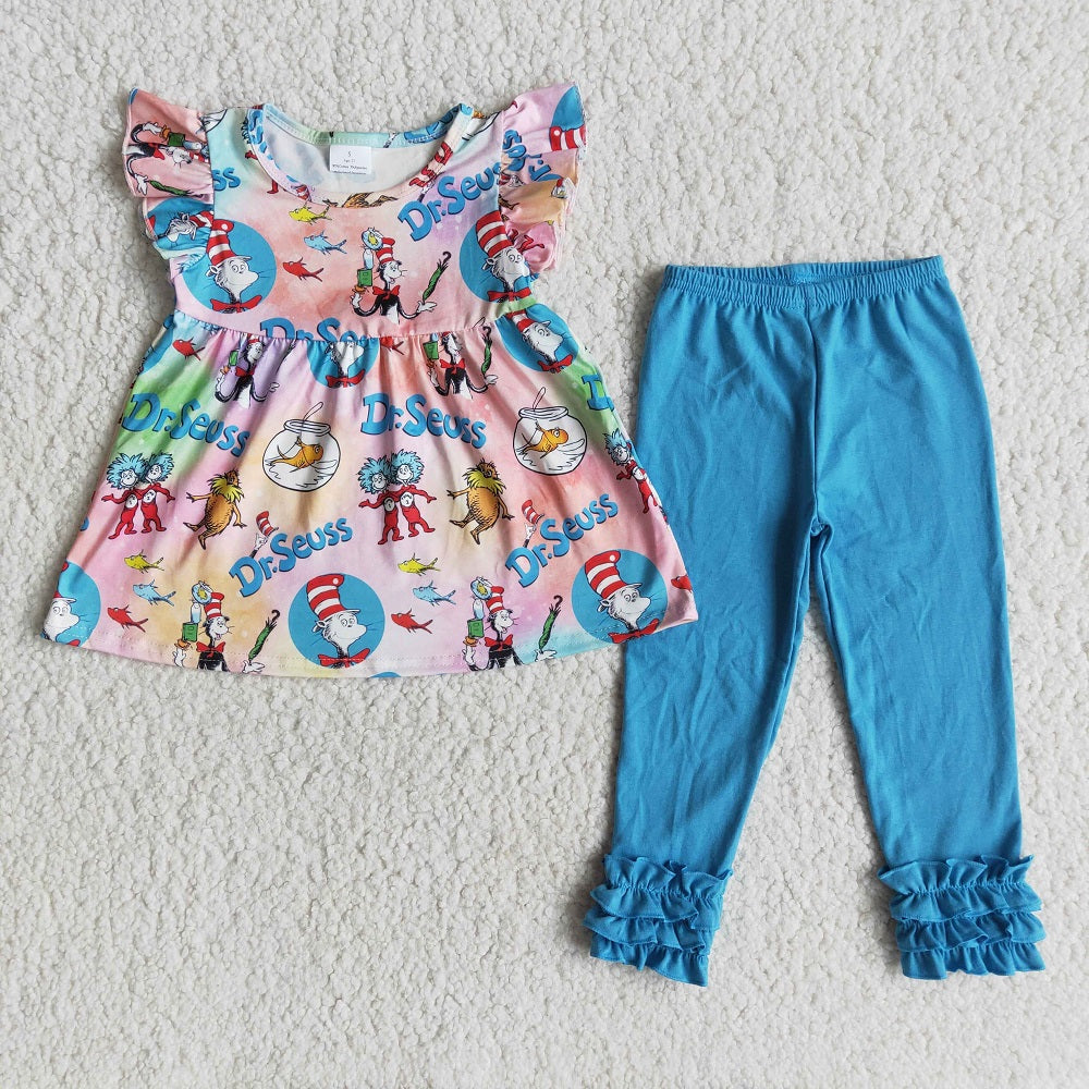E13-11 Baby Girls Flutter Sleeve Children Cartoon Read Pattern Outfits Ruffle Pants