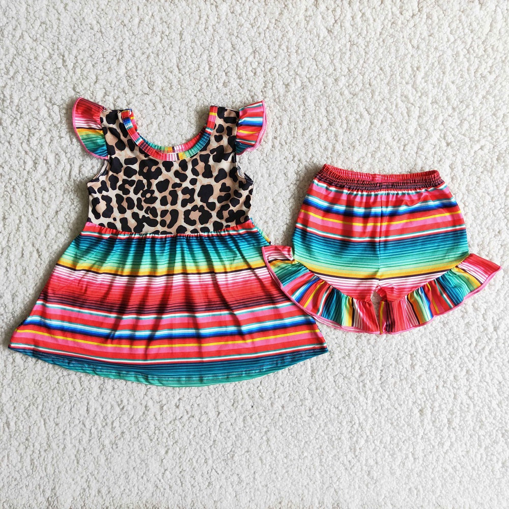 A1-3 Girls Colorful Striped Leopard Shorts Outfits