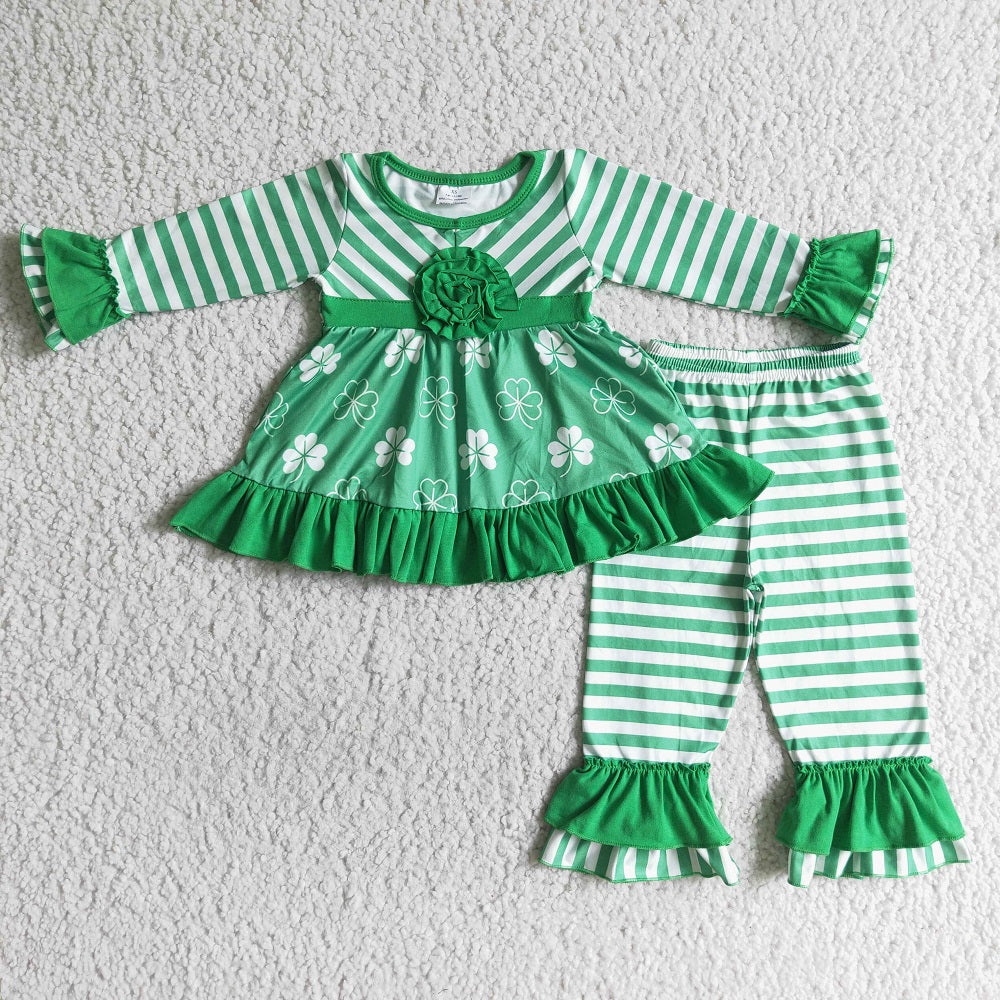 6 A17-11 St. Patrick's Day Baby Girls Clover Striped Ruffle Long SLeeve Outfits