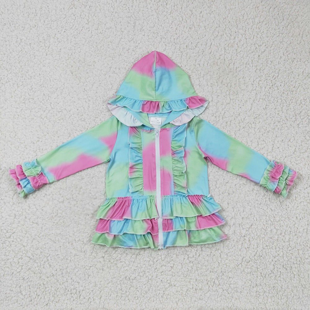 A23-16 Girl Tie Dye Zipper Ruffle Hooded Jackets