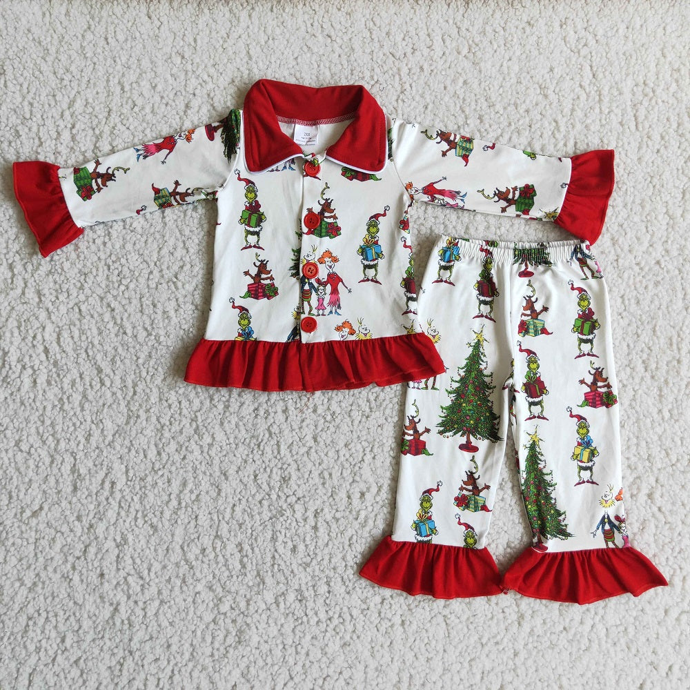 6 A11-29 Christmas Girls Ruffle Lapel Button Pajamas