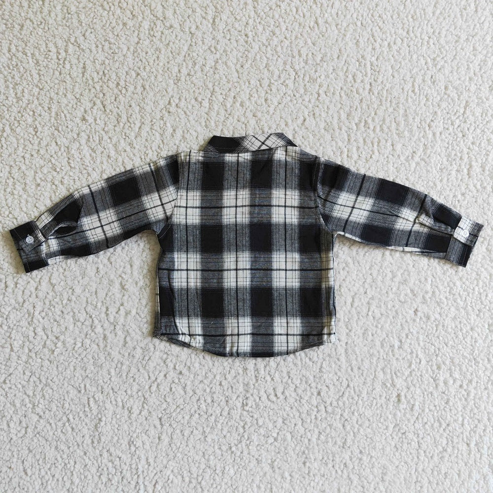 BT0060 Boys Black White Plaid Flannel Button Shirt