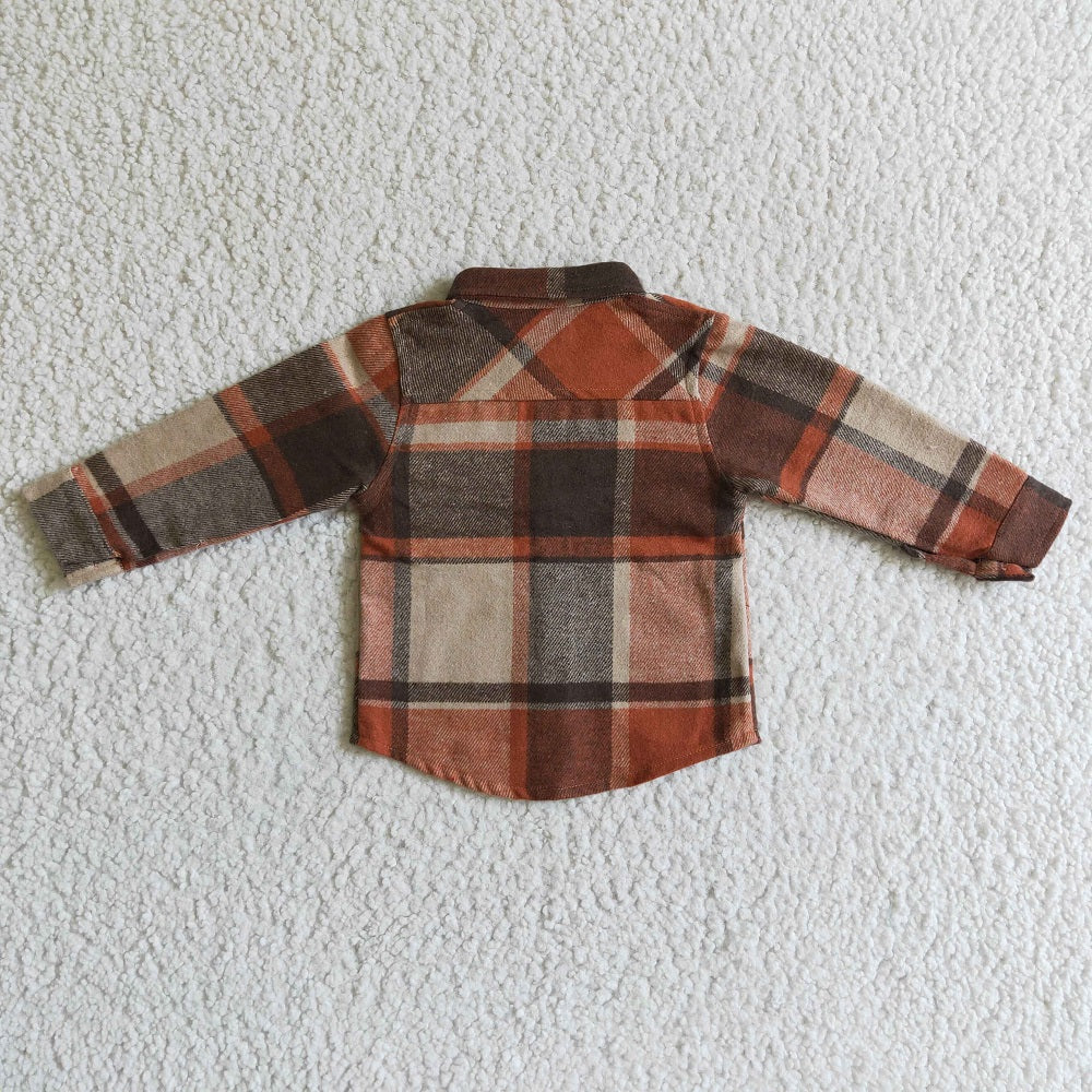 BT0061 Boys Brown Plaid Pockets Flannel Button Shirt