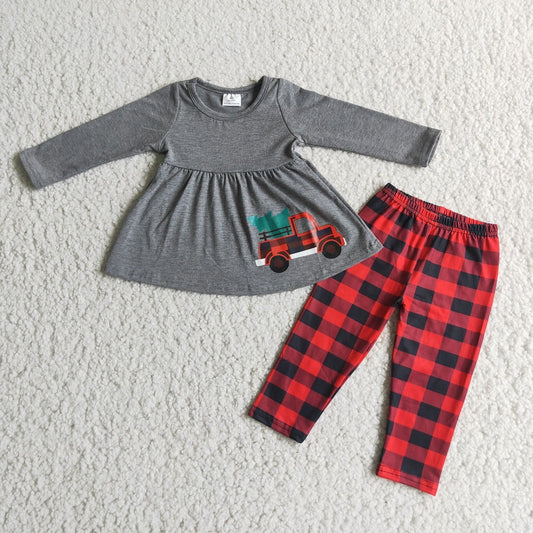 6 A22-20 Girls Dark gray hot print car Christmas tree long sleeve plaid pants