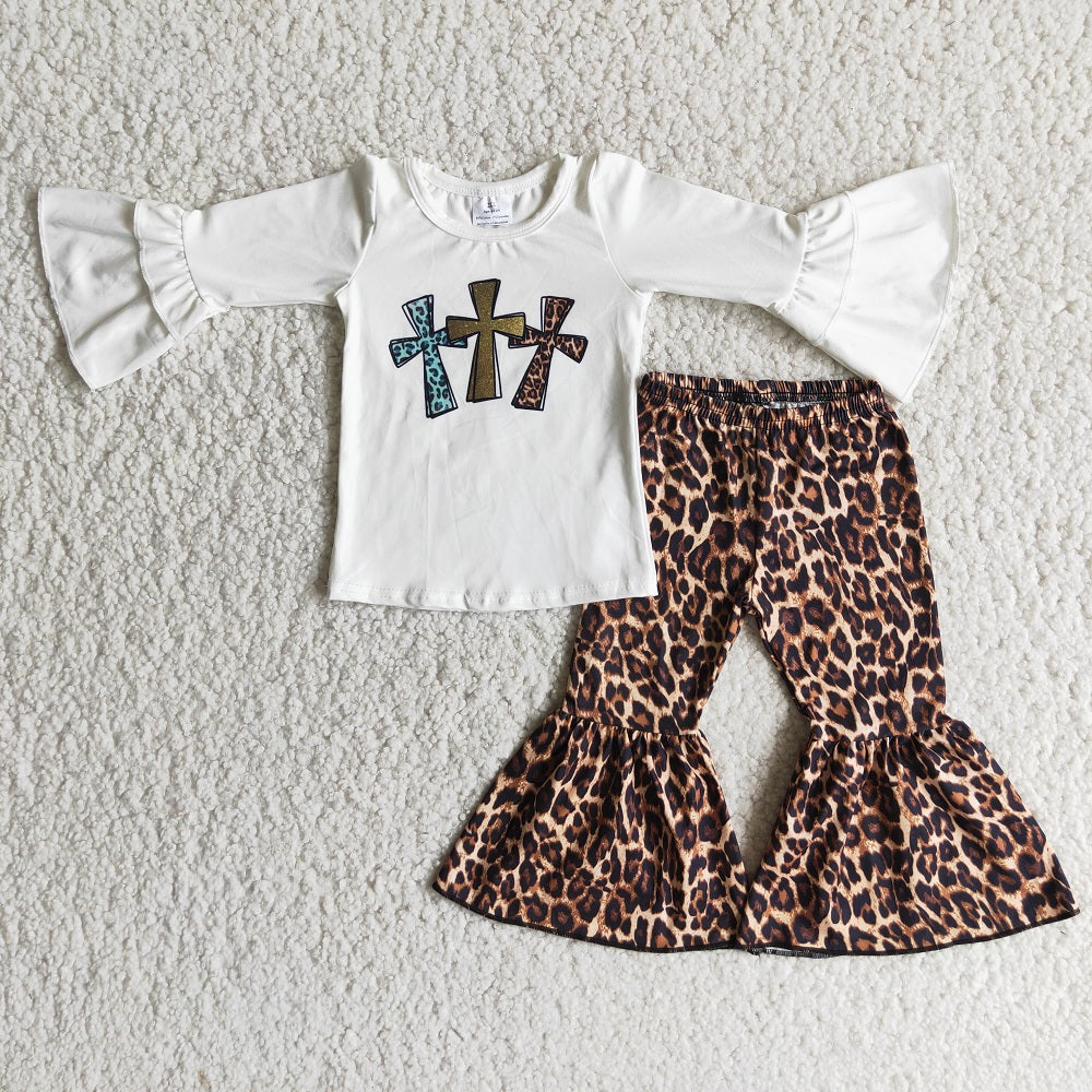 6 B13-19 Easter Baby Girls Cross Flare Sleeve Leopard Bell Outfits