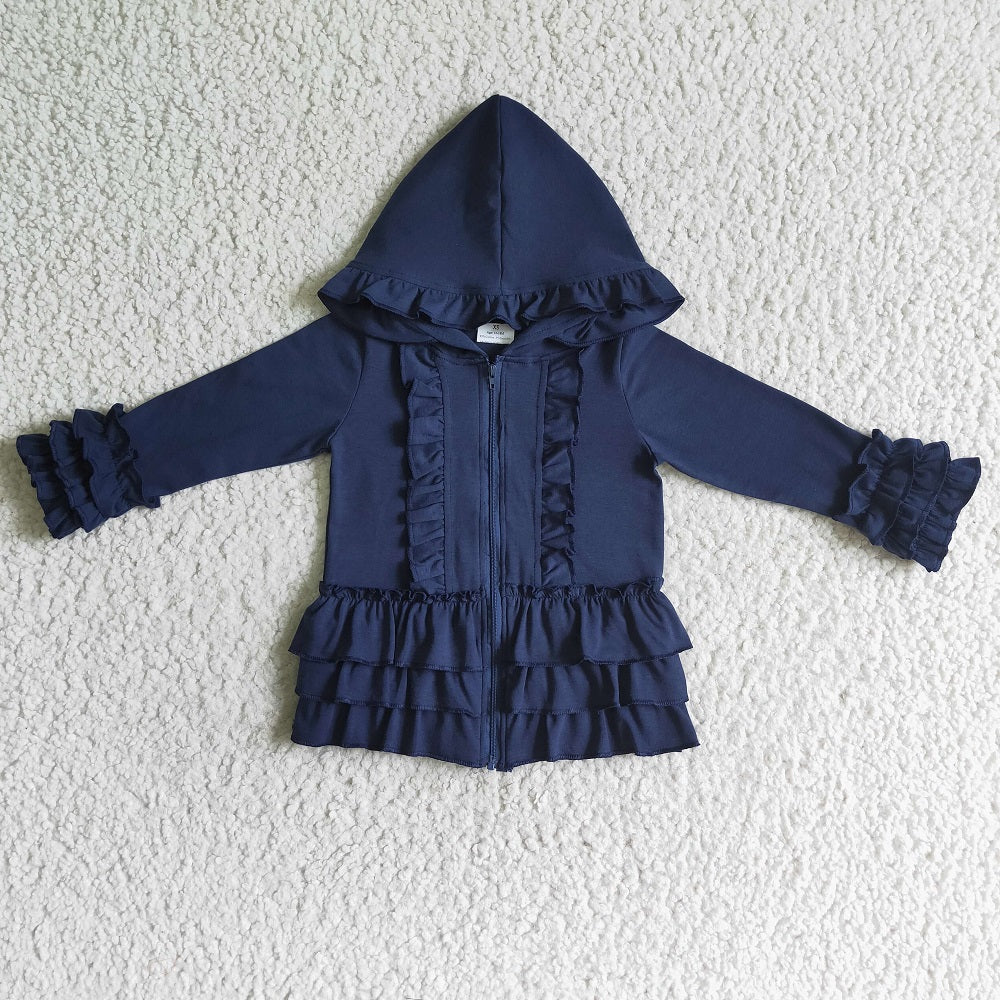 GT0013 Girl Navy Zipper Ruffle Hooded Jackets
