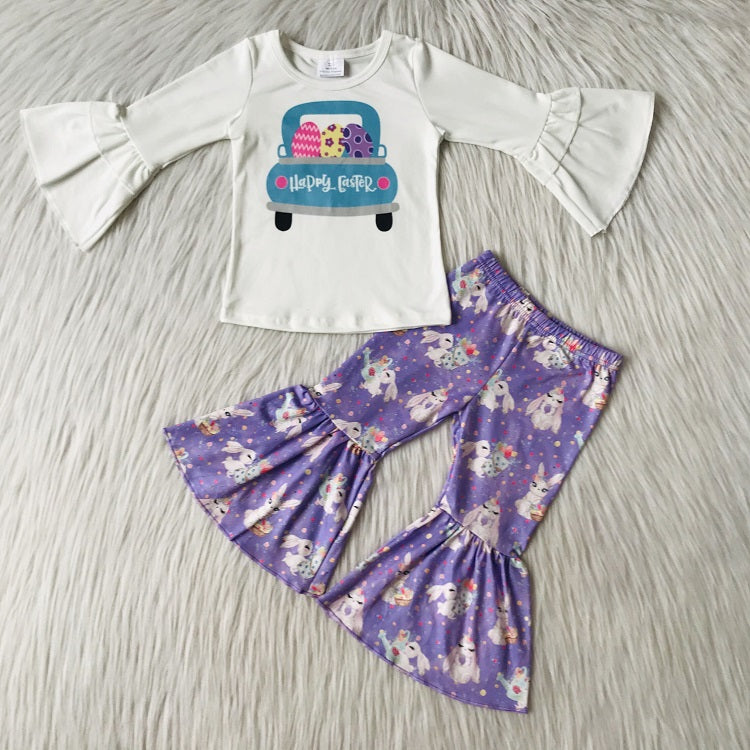 6 A22-11 Happy Easter Flare Sleeve Girls Car Egg Purple Bunny Bell Outfits