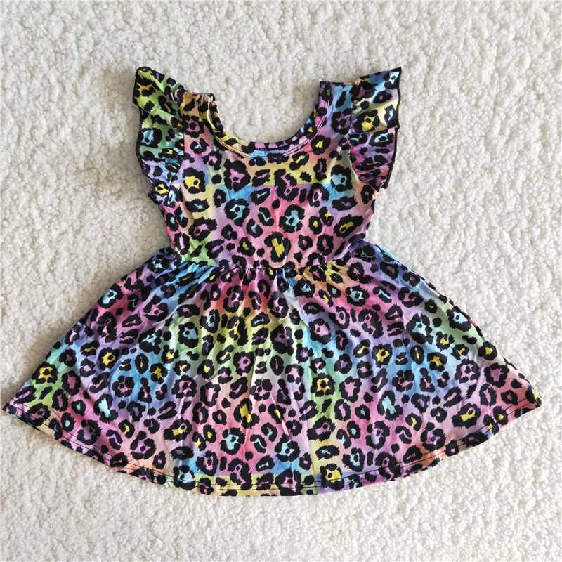 B15-13 Girls Flutter Sleeve Colorful Leopard Dress