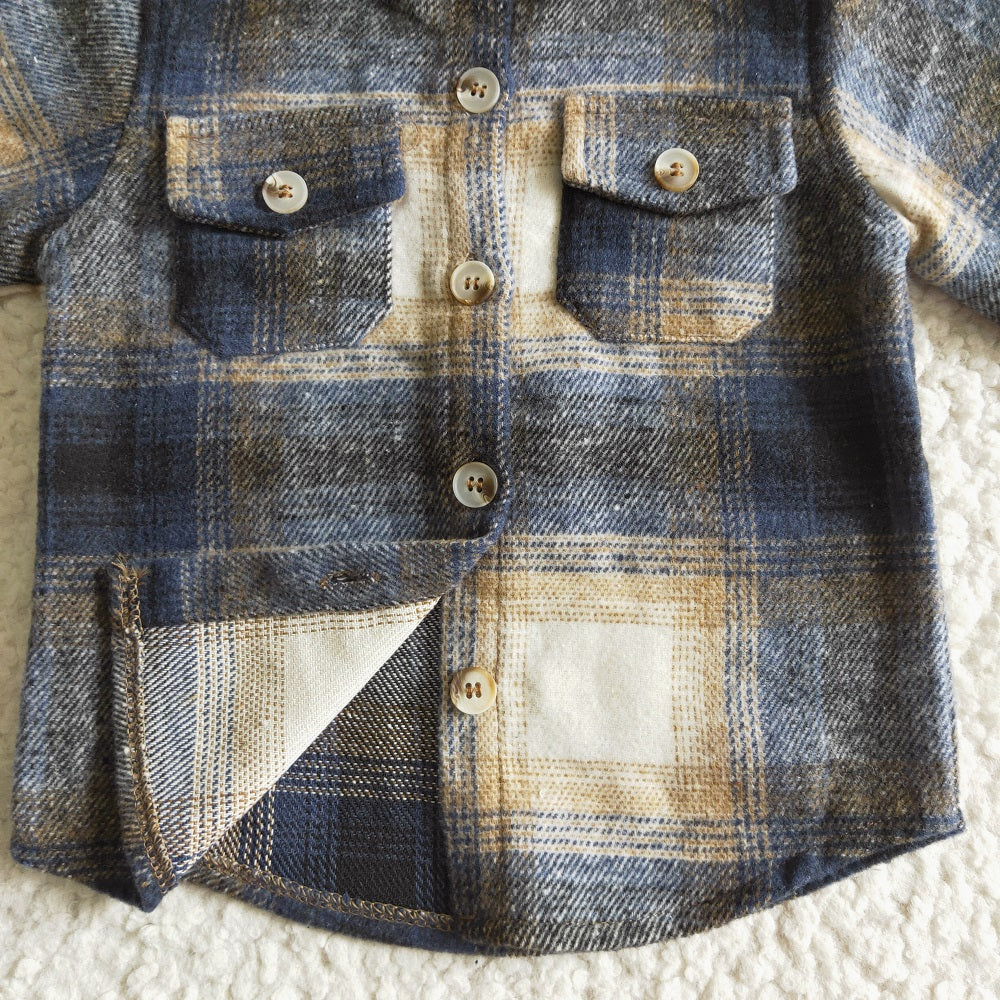 BT0117 Boys Blue Black Plaid Pockets Flannel Button Shirt