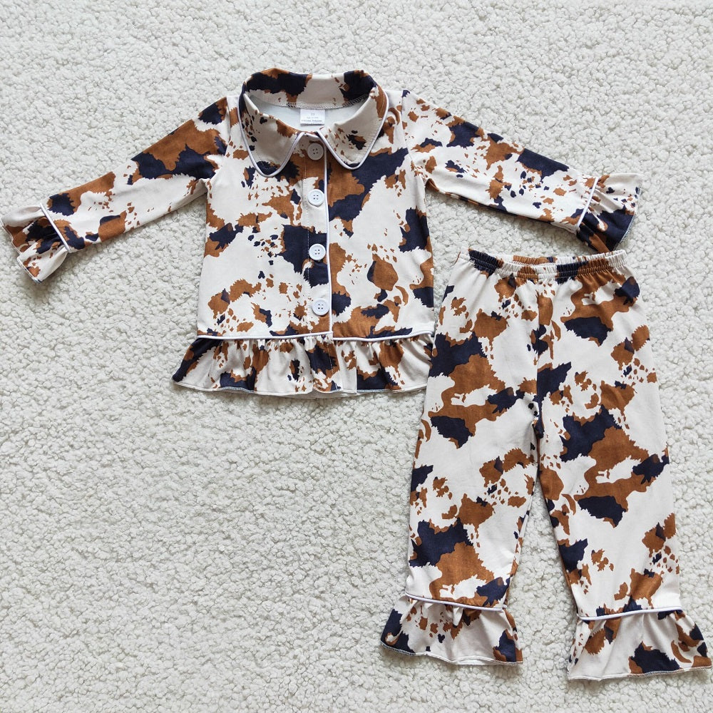 6 A9-16 Winter Girls Cow Spot Ruffle Lapel Button Pajamas