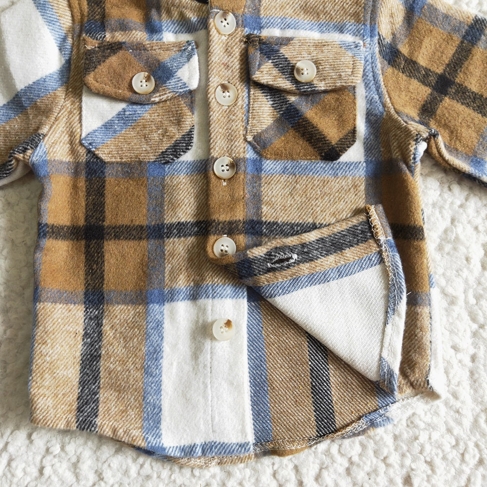 BT0076 Boys Brown Plaid Pockets Hoodie Flannel Button Shirt