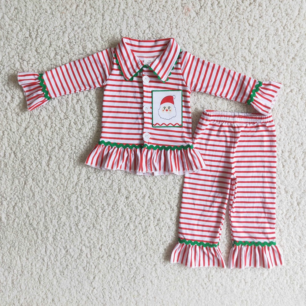 6 B9-3 Girls Santa Embroidered Striped Pajamas