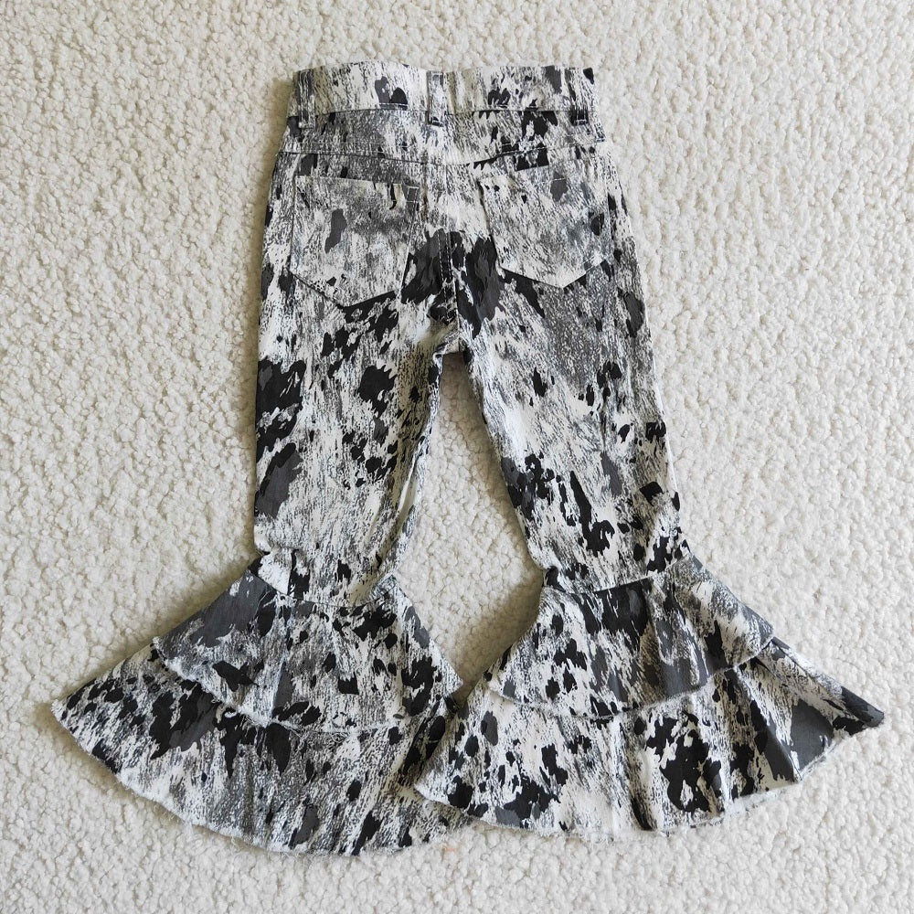 P0023 Girl Double Layer Black White Tie Dye Splash Ink Bell Jeans