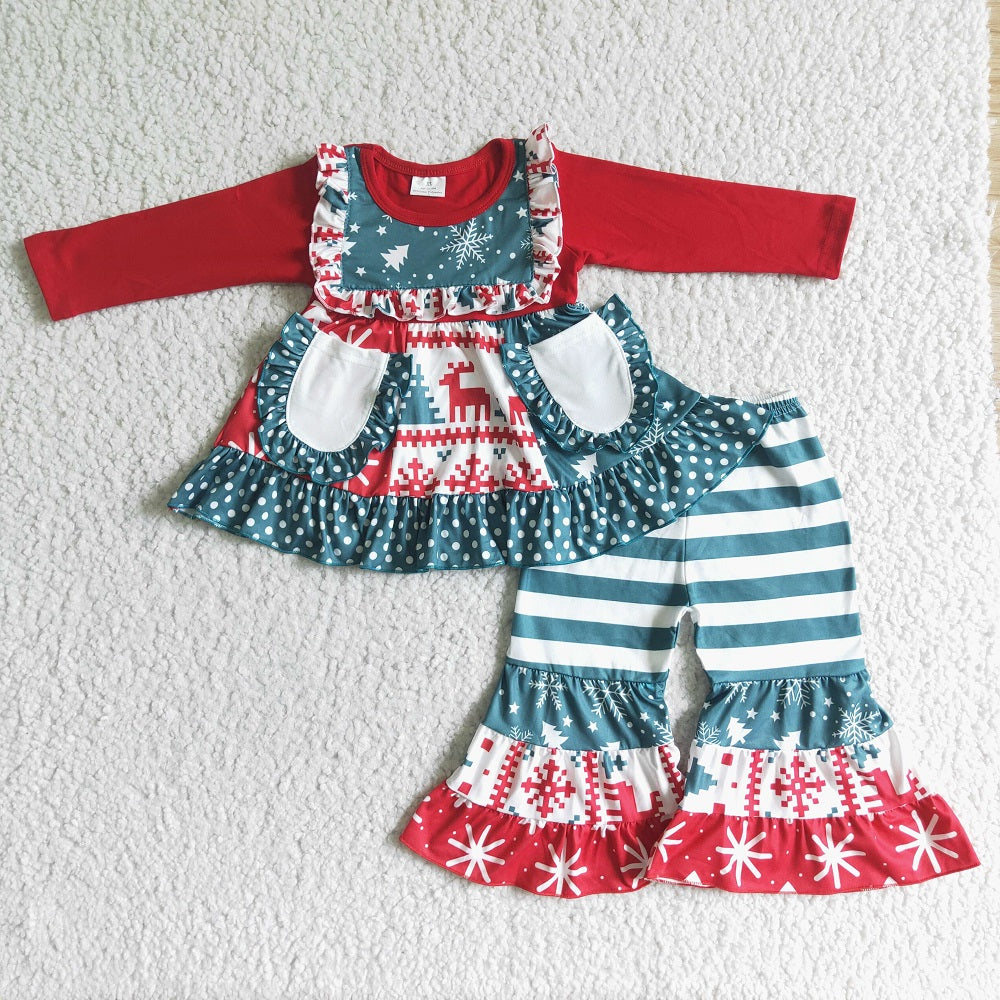 6 B9-36 Christmas Girls Deer Striped Ruffle Outfits