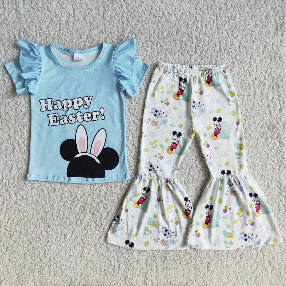 D10-20 Happy Easter Girl Rabbit Ruffle Short Sleeve Cartoon Bell Outfit