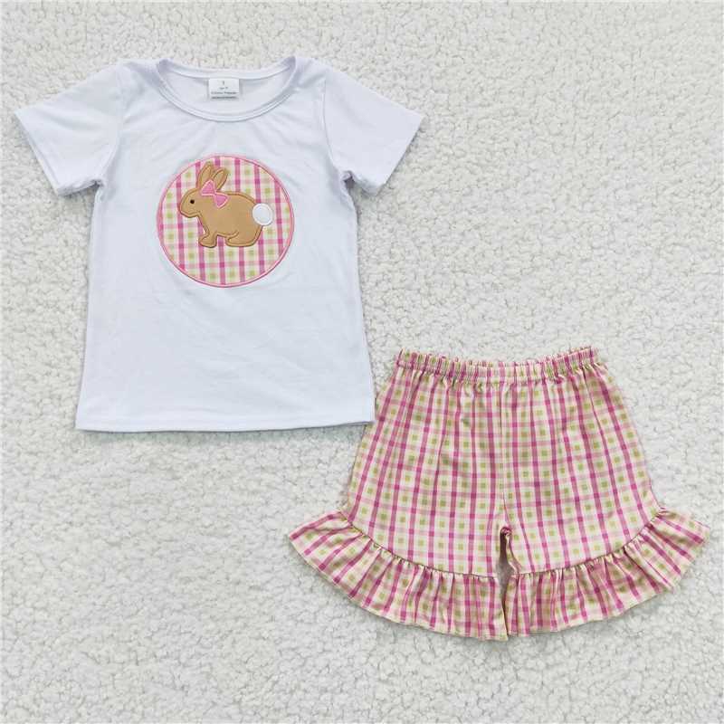 GSSO0158 Girls Embroidery Rabbit White Short sleeve plaid shorts cover