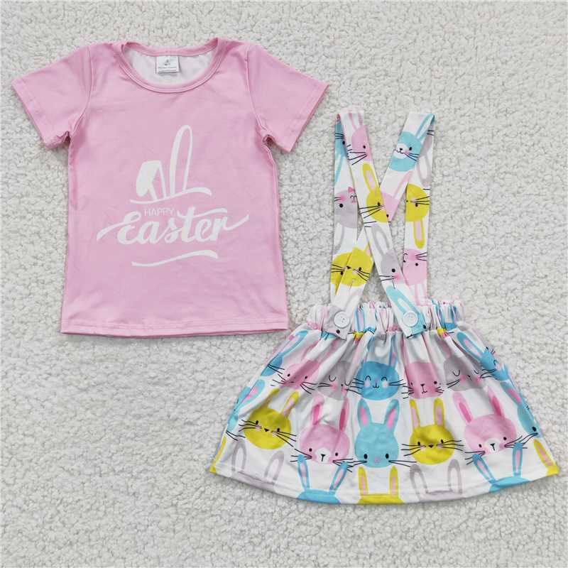 GSD0236 Girl Rabbit Short Sleeve Suspenders Skirt suit pink