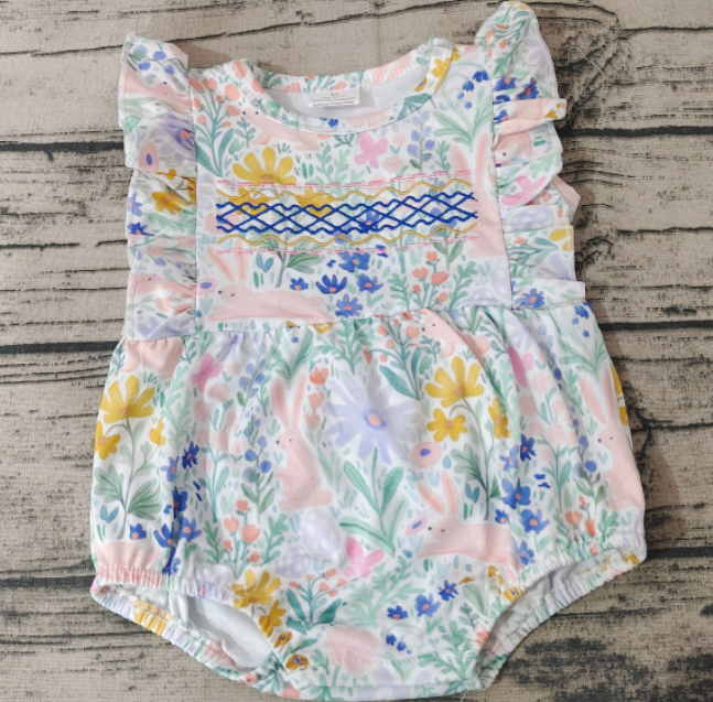 SR0262 Embroidered Rabbit Flower Flying Sleeve Jumpsuit Blue