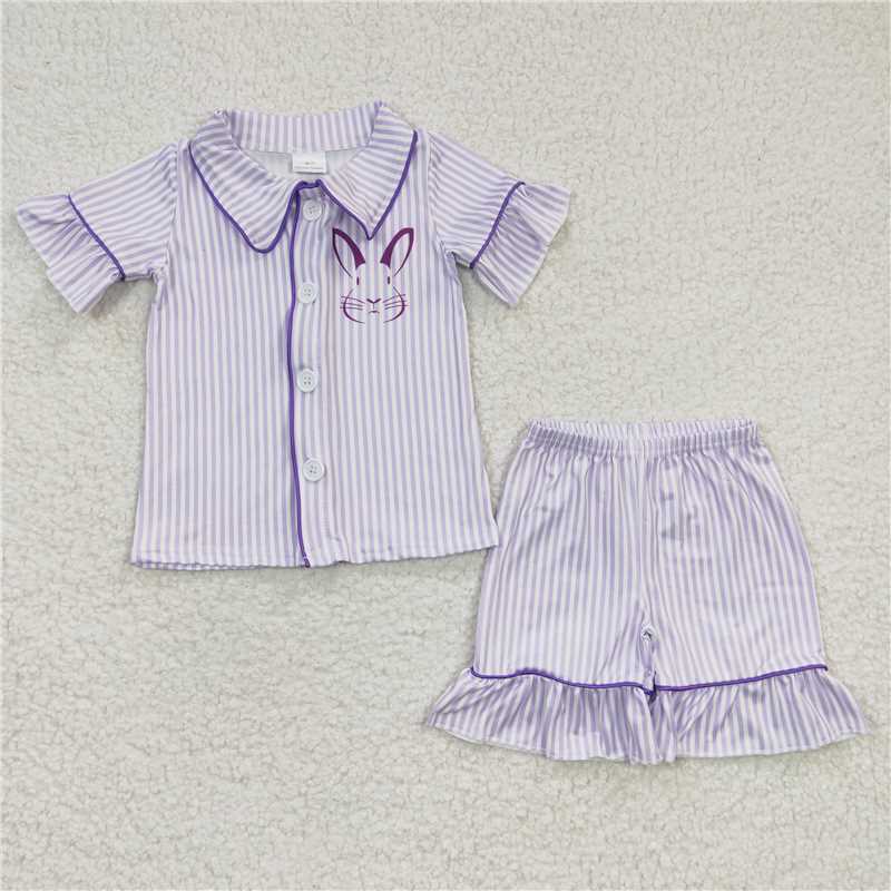 GSSO0144 Girl Rabbit Purple Striped Short Sleeve Shorts Suit