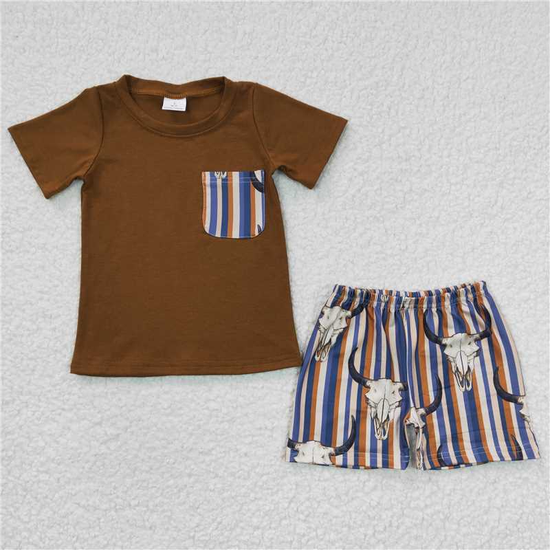 BSSO0149 Boy's Bull Head Vertical Stripe Brown Pocket Short Sleeve short
