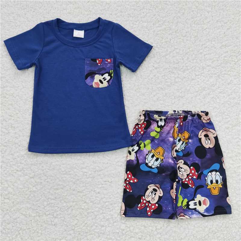 BSSO0163 Boy Mickey Donald Duck Purple pocket Short Sleeve shorts