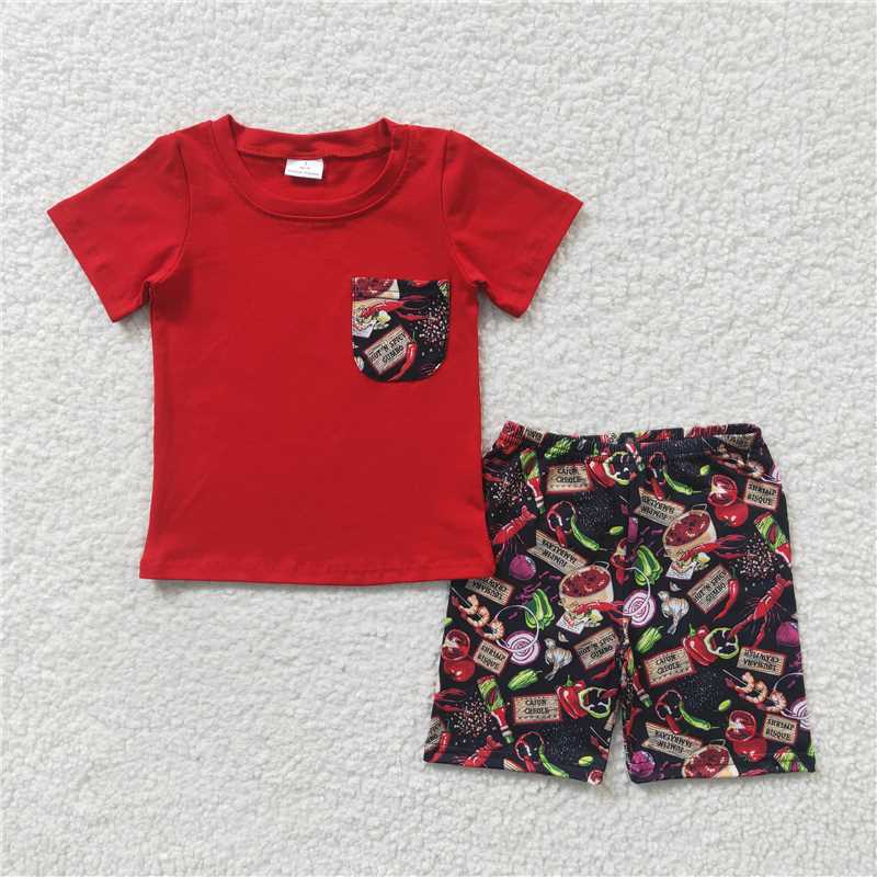 BSSO0165 Boys Crayfish Onion Pocket Short Sleeve Shorts Red