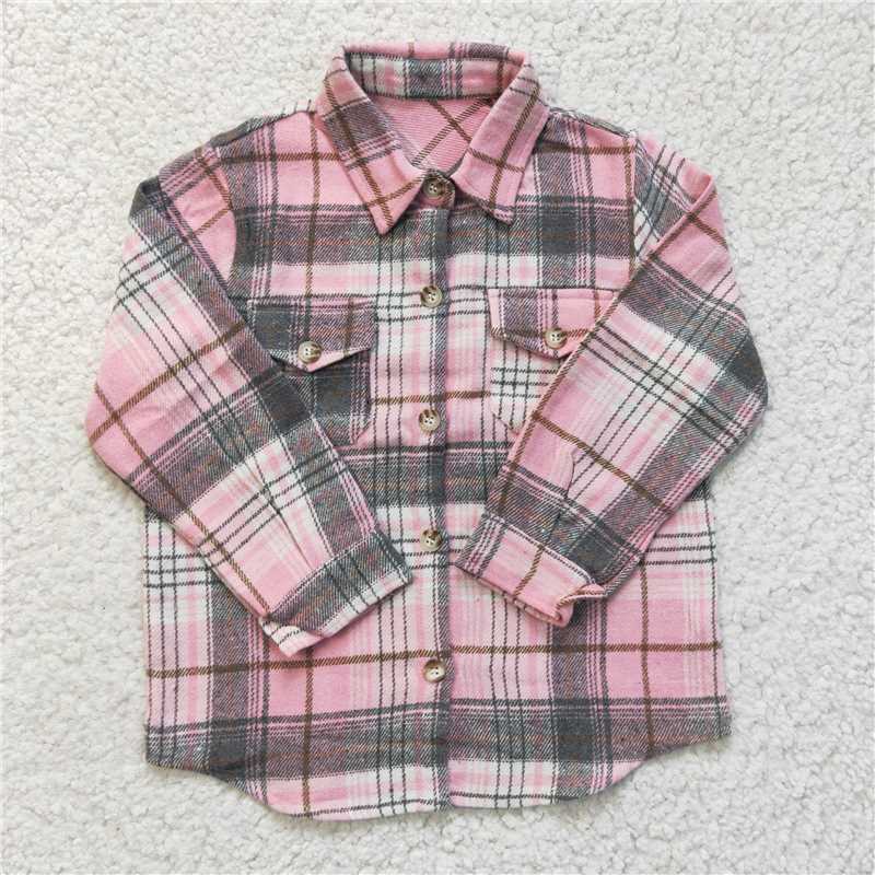 GT0094 Long Sleeve Shirt for Girls Pink striped Plaid Pocket