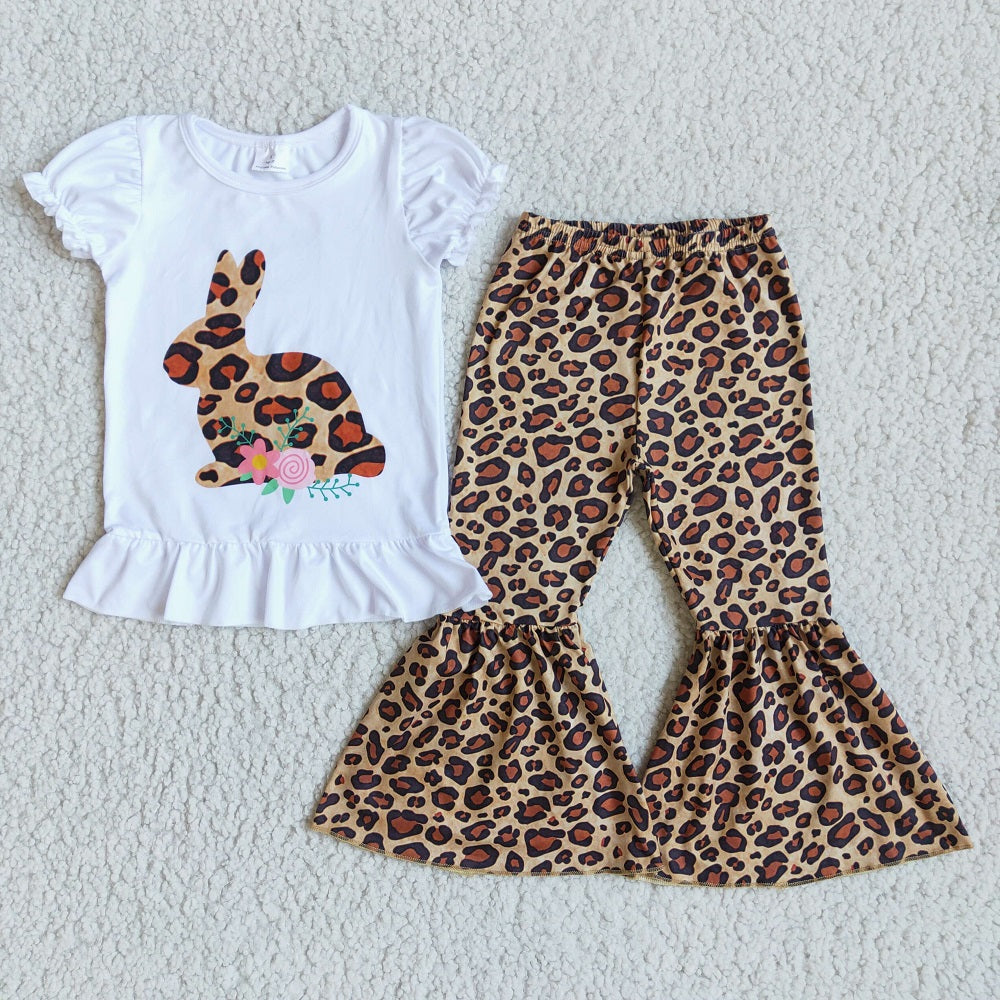 D9-20 Easter Kids Girls Leopard Rabbit Puff Sleeve Outfits