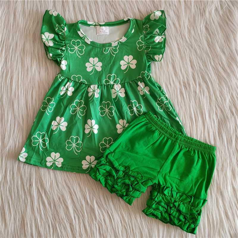 A11-21 St. Patrick's Day Girls Clover Pearl Top Icing Shorts Outfit