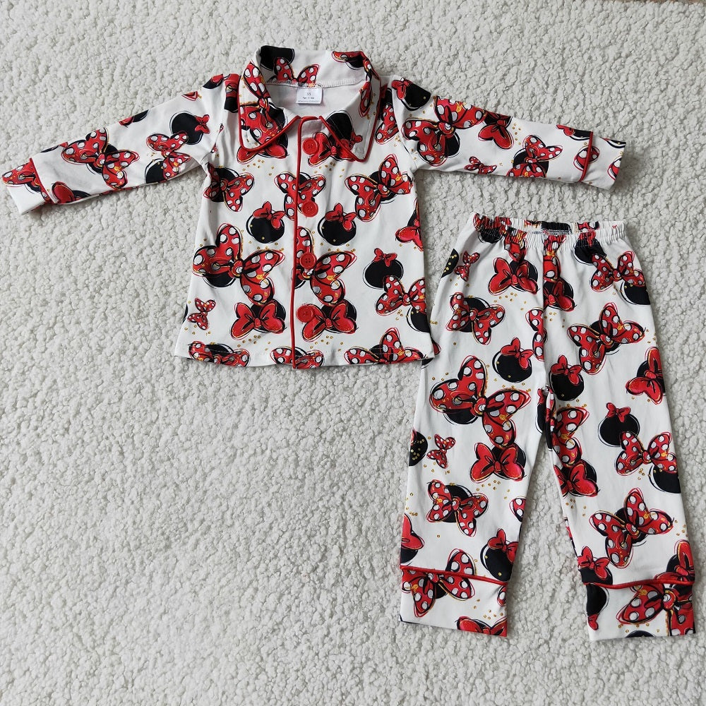 6 C6-16 Winter Girls Dot Bow Ruffle Lapel Button Pajamas