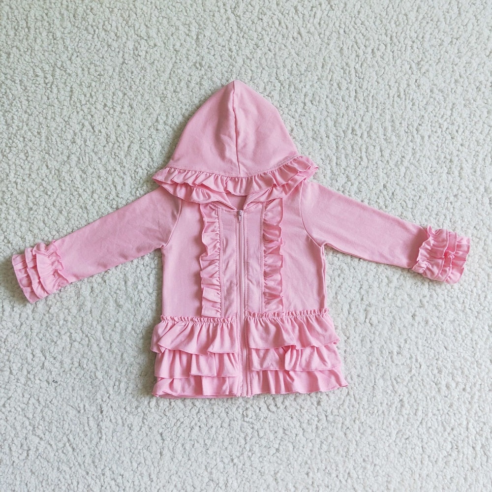 GT0021 Girl Pink Zipper Ruffle Hooded Jackets
