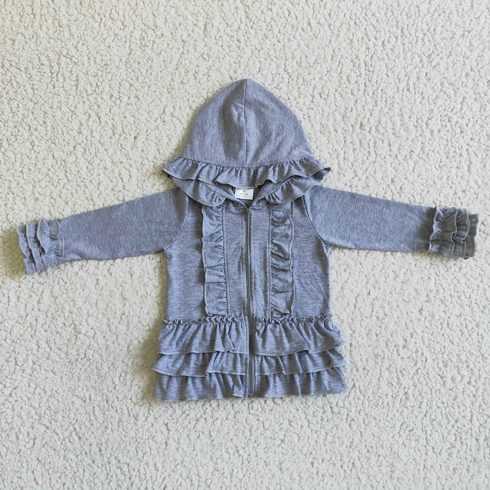 GT0015 Girl Grey Zipper Ruffle Hooded Jackets