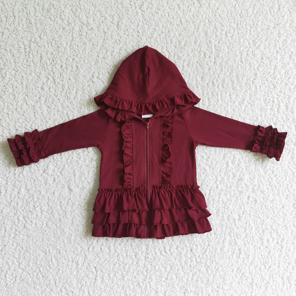 GT0014 Girl Maroon Dark Red Zipper Ruffle Hooded Jackets