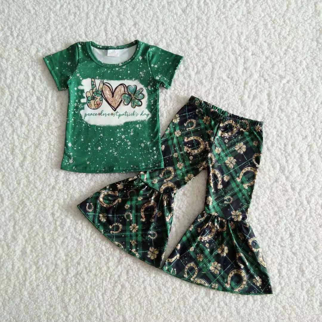 B17-11 St. Patrick's Day Baby Girls Peace Love Clover Bell Outfits