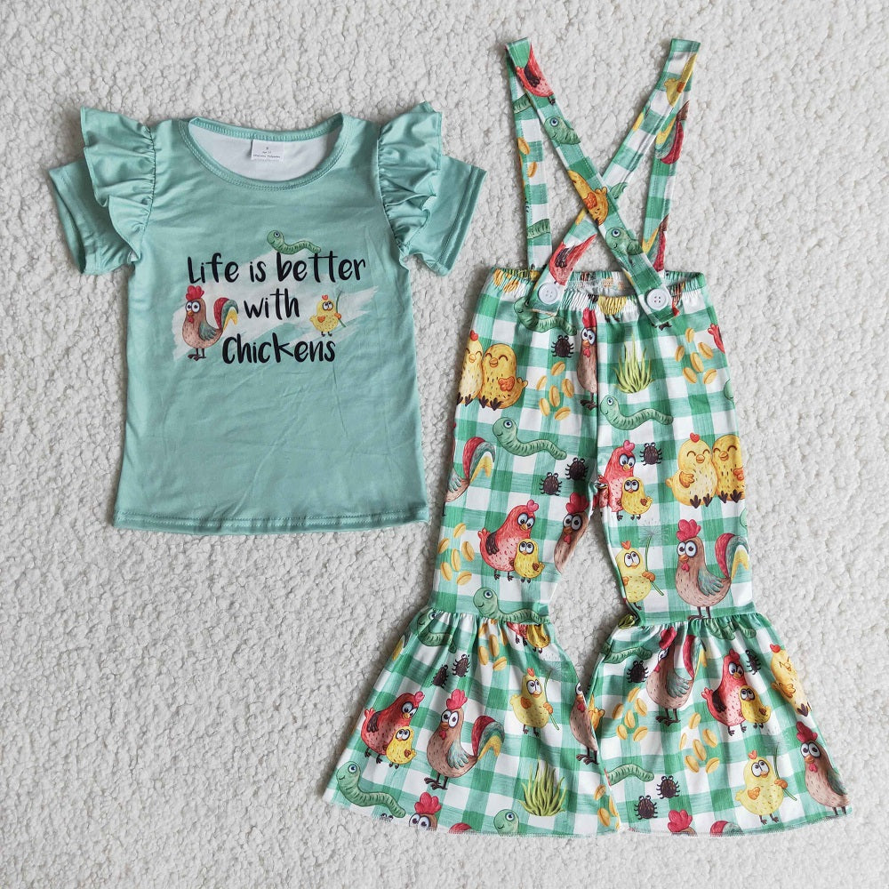 E9-15 Girls Chicken Caterpillar Short Sleeve Overalls
