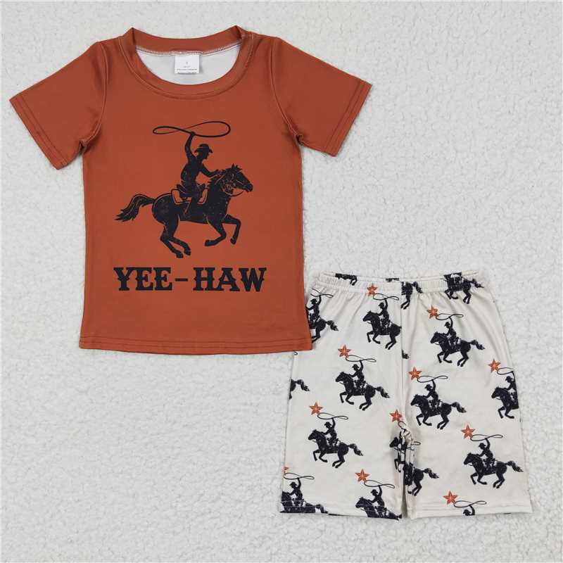 BSSO0189 Boy YEE-HAW Riding Brown short sleeved shorts