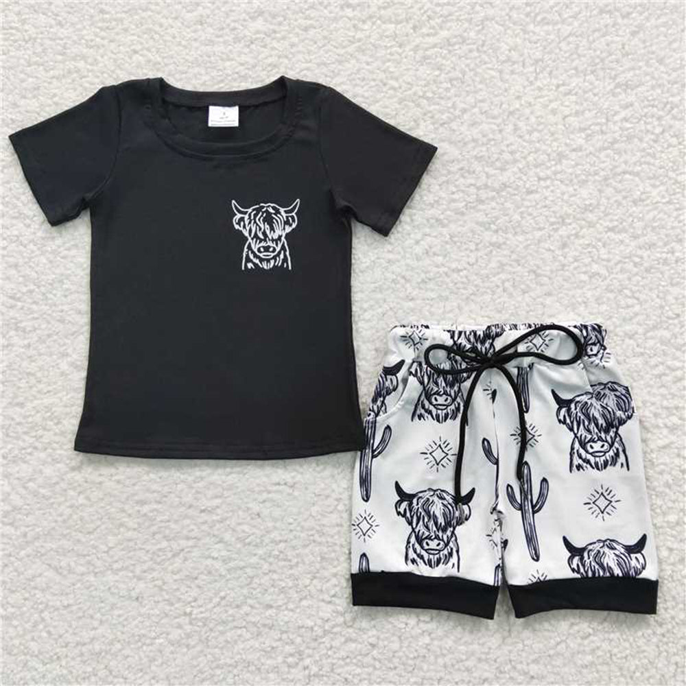 BSSO0209 Boys Alpine Cow Cactus Short Sleeve shorts cover black