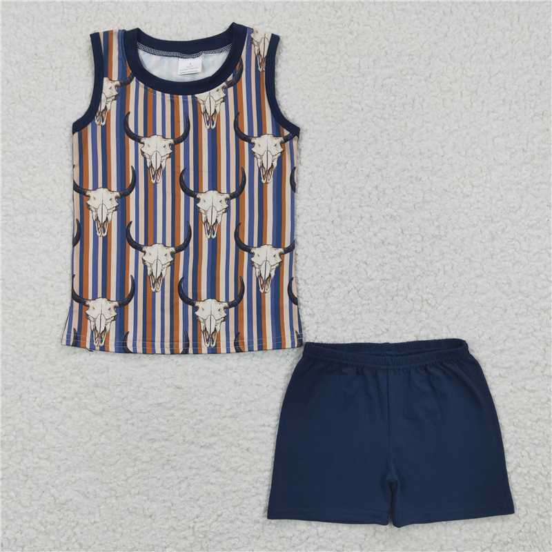 BSSO0217 Boys Bull Head Blue Striped sleeveless Shorts Suit