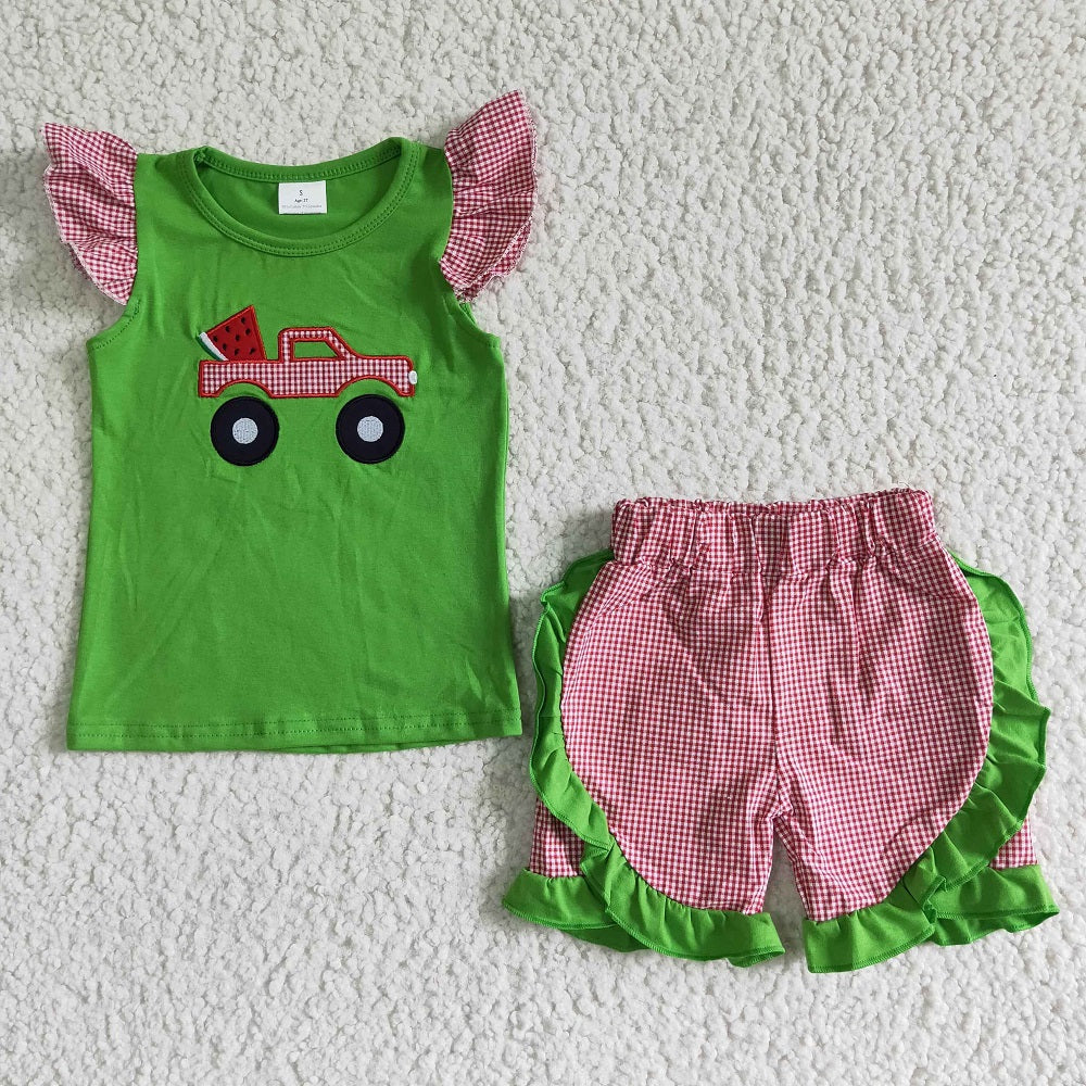 GSSO0122 Girls Embroidered Watermelon Truck Shorts Outfit