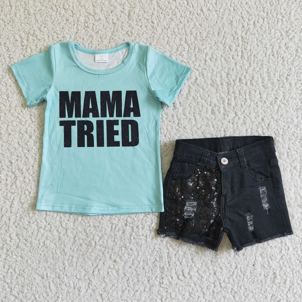 D11-18 Girls MAMA TRIED Denim Sequin Black Shorts Outfit