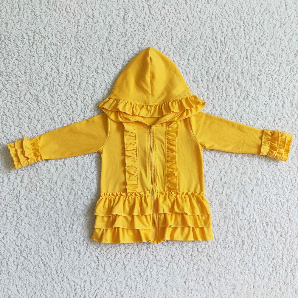 GT0018 Girl Yellow Zipper Ruffle Hooded Jackets
