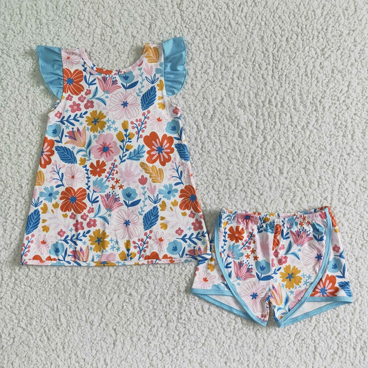 GSSO0098 Girls Floral Blue Shorts Outfit